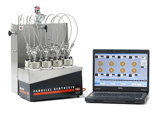 This is a semi-automated 4 or 8 sample system where each sample can be at separate pressure temperature and all samples are stirred individually. Sample vessels are typically 16ml but larger sizes are also available. Temperature of each sample is individually controlled through software and the pressure is normally selected manually